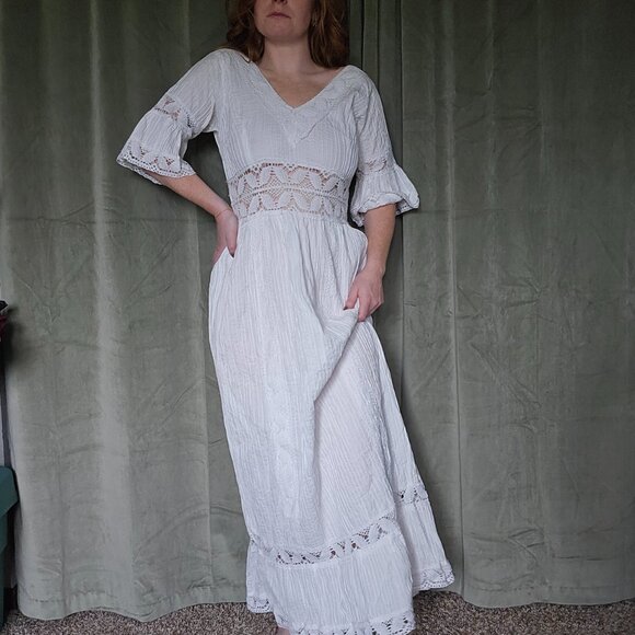 True Vintage 60's Mod Western Bridal Coastal White Cotton Lace Maxi Summer Dress - Picture 16 of 16
